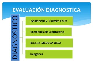 EVALUACIÓN DIAGNOSTICA 
DIAGNOSTICO 
Anamnesis y Examen Físico 
Examenes de Laboratorio 
Biopsia MÉDULA OSEA 
Imagenes 
 