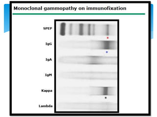 INMUNOFIJACIÓN 
 Es un método utilizado para definir la identidad bioquímica y 
homogeneidad de las Ig’s, cuando se detectan componente 
monoclonales sospechosos en los patrones electroforéticos. 
 Reconocimiento específico de moléculas usando anticuerpos 
producidos contra las cadenas pesadas de las inmunoglobulinas 
humanas (IgG, IgM, IgA), y sus cadenas ligeras, kappa y lambda 
 La unión entre el anticuerpo específico y la inmunoglobulina 
monoclonal resulta en la formación de una banda de precipitado 
en la pista correspondiente que identifica el tipo de 
inmunoglobulina, ya sea cadena pesada y/o cadena ligera. 
 