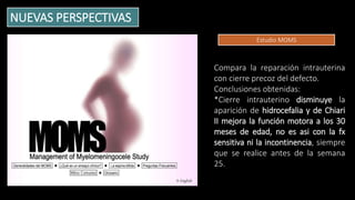 NUEVAS PERSPECTIVAS
Compara la reparación intrauterina
con cierre precoz del defecto.
Conclusiones obtenidas:
*Cierre intrauterino disminuye la
aparición de hidrocefalia y de Chiari
II mejora la función motora a los 30
meses de edad, no es asi con la fx
sensitiva ni la incontinencia, siempre
que se realice antes de la semana
25.
Estudio MOMS
 