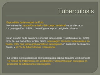 Espondilitis (enfermedad de Pott),
Normalmente, la porción anterior del cuerpo vertebral se ve afectada
La propagación : linfático hematógena, o por contigüidad directa.


En un estudio de la columna vertebral tuberculosis (Nussbaum et al, 1995),
54% de los pacientes tenían déficit neurológico lesiones tuberculosas en
hueso, 39% con tejido granulomatoso intraespinal en ausencia de lesiones
óseas, y el 7% de tuberculomas intraespinal



 La terapia de los pacientes con tuberculosis espinal requiere un mínimo de
 12 meses de tratamiento con antibióticos y descompresión quirúrgica en
 presencia de alteraciones neurológicas
 