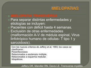  MIELOPATIA     TRANSVERSA
 Para separar distintas enfermedades y
  etiologías se incluyen:
 Pacientes con déficit hasta 4 semanas.
 Exclusión de otras enfermedades
  (malformación A-V de médula espinal, Virus
  linfotrópico humano de células- T tipo 1 y
  sarcoidosis).
  Con los nuevos criterios de Jeffery et al, 1993, los casos se
  clasificaron :
  Parainfecciosos
  Relacionados a esclerosis múltiple.
  Relacionados a isquemia medular.
  Idiopáticos.


           Jeffery DR, Mandler RN, Davis LE. Transverse myelitis.
 