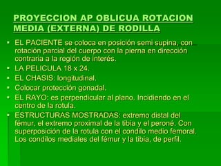 PROYECCION AP OBLICUA ROTACION
MEDIA (EXTERNA) DE RODILLA
 EL PACIENTE se coloca en posición semi supina, con
rotación parcial del cuerpo con la pierna en dirección
contraria a la región de interés.
 LA PELICULA 18 x 24.
 EL CHASIS: longitudinal.
 Colocar protección gonadal.
 EL RAYO: es perpendicular al plano. Incidiendo en el
centro de la rotula.
 ESTRUCTURAS MOSTRADAS: extremo distal del
fémur, el extremo proximal de la tibia y el peroné. Con
superposición de la rotula con el condilo medio femoral.
Los condilos mediales del fémur y la tibia, de perfil.
 