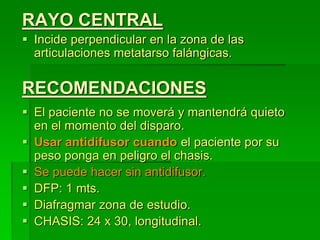 RAYO CENTRAL
 Incide perpendicular en la zona de las
articulaciones metatarso falángicas.
RECOMENDACIONES
 El paciente no se moverá y mantendrá quieto
en el momento del disparo.
 Usar antidifusor cuando el paciente por su
peso ponga en peligro el chasis.
 Se puede hacer sin antidifusor.
 DFP: 1 mts.
 Diafragmar zona de estudio.
 CHASIS: 24 x 30, longitudinal.
 
