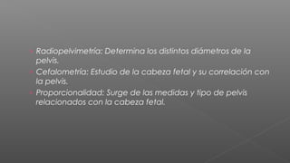 › Radiopelvimetría: Determina los distintos diámetros de la
  pelvis.
› Cefalometría: Estudio de la cabeza fetal y su correlación con
  la pelvis.
› Proporcionalidad: Surge de las medidas y tipo de pelvis
  relacionados con la cabeza fetal.
 