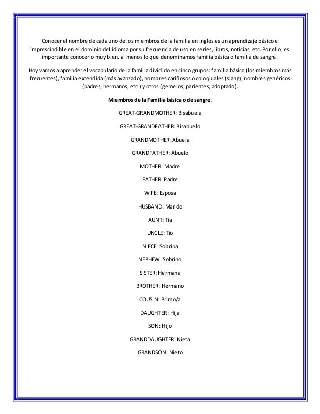 Miembros De La Familia En Inglés