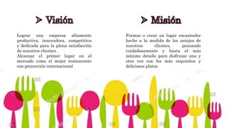 Lograr una empresa altamente
productiva, innovadora, competitiva
y dedicada para la plena satisfacción
de nuestros clientes .
Alcanzar el primer lugar en el
mercado como el mejor restaurante
con proyección internacional
Formar o crear un lugar encantador
hecho a la medida de los antojos de
nuestros clientes, pensando
cuidadosamente y hasta el más
mínimo detalle para disfrutar una y
otra vez con los más exquisitos y
deliciosos platos
 