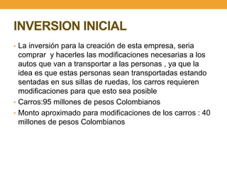 INVERSION INICIAL
• La inversión para la creación de esta empresa, seria
  comprar y hacerles las modificaciones necesarias a los
  autos que van a transportar a las personas , ya que la
  idea es que estas personas sean transportadas estando
  sentadas en sus sillas de ruedas, los carros requieren
  modificaciones para que esto sea posible
• Carros:95 millones de pesos Colombianos
• Monto aproximado para modificaciones de los carros : 40
  millones de pesos Colombianos
 