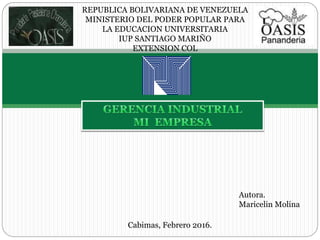 REPUBLICA BOLIVARIANA DE VENEZUELA
MINISTERIO DEL PODER POPULAR PARA
LA EDUCACION UNIVERSITARIA
IUP SANTIAGO MARIÑO
EXTENSION COL
Autora.
Maricelin Molina
Cabimas, Febrero 2016.
 