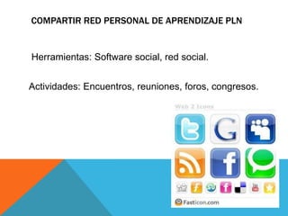 COMPARTIR RED PERSONAL DE APRENDIZAJE PLN
Herramientas: Software social, red social.
Actividades: Encuentros, reuniones, foros, congresos.
