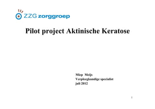 Pilot
Pil t project Aktinische Keratose
         j t Akti i h K t




               Miep Meijs
               Verpleegkundige specialist
               juli 2012



                                            1
 