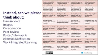 Instead, can we please
think about:
Human voice
Images
Collaboration
Peer-review
Poster/infographic
ePortfolio/reflection
Work Integrated Learning
17
 