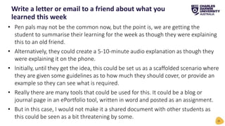 • Pen pals may not be the common now, but the point is, we are getting the
student to summarise their learning for the week as though they were explaining
this to an old friend.
• Alternatively, they could create a 5-10-minute audio explanation as though they
were explaining it on the phone.
• Initially, until they get the idea, this could be set us as a scaffolded scenario where
they are given some guidelines as to how much they should cover, or provide an
example so they can see what is required.
• Really there are many tools that could be used for this. It could be a blog or
journal page in an ePortfolio tool, written in word and posted as an assignment.
• But in this case, I would not make it a shared document with other students as
this could be seen as a bit threatening by some.
Write a letter or email to a friend about what you
learned this week
25
 