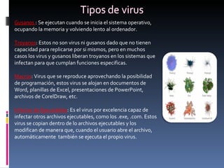 Gusanos  : Se ejecutan cuando se inicia el sistema operativo, ocupando la memoria y volviendo lento al ordenador. Troyanos : Estos no son virus ni gusanos dado que no tienen capacidad para replicarse por si mismos, pero en muchos casos los virus y gusanos liberan troyanos en los sistemas que infectan para que cumplan funciones especificas. Macros : Virus que se reproduce aprovechando la posibilidad de programación, estos virus se alojan en documentos de Word, planillas de Excel, presentaciones de PowerPoint, archivos de CorelDraw, etc. Infector de Ejecutables : Es el virus por excelencia capaz de infectar otros archivos ejecutables, como los .exe, .com. Estos virus se copian dentro de lo archivos ejecutables y los modifican de manera que, cuando el usuario abre el archivo, automáticamente  también se ejecuta el propio virus. 