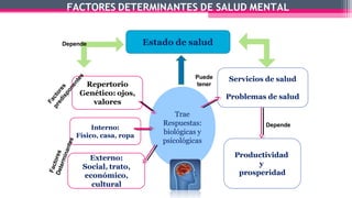 FACTORES DETERMINANTES DE SALUD MENTAL
Estado de salud
Repertorio
Genético: ojos,
valores
Interno:
Físico, casa, ropa
Externo:
Social, trato,
económico,
cultural
Servicios de salud
Problemas de salud
Productividad
y
prosperidad
Trae
Respuestas:
biológicas y
psicológicas
Depende
Puede
tener
Depende
 