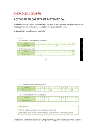 MIERCOLES 1 DE ABRIL
ACTIVIDAD EN CARPETA DE MATEMATICA
Hoy van a continuar con esa tarea, pero esta vez tendrán que compl...
