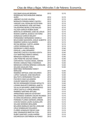 Citas de Altas y Bajas. Miércoles 5 de Febrero. Economía.
ESCOBAR AGUILAR BRENDA
RODRIGUEZ NOCHEBUENA XIMENA
AURO
JIMENEZ VILCHIS VALERIA
MORALES PARADA NANCY NAYELI
VARGAS LEAL ROSALBA ESTEFANIA
LOPEZ MIJANGOS JOSE ANTONIO
VALDESPINO MURILLO REYNALDO
VILLADA GARCIA RUBEN ADAN
MONTALVO SERRANO JOSE DE JESUS
RIVERA CAMPOS JESSICA VICTORIA
GONZALEZ GARCIA MALENY
FERNANDEZ HERNANDEZ DANIELA
BOUCHAND SAAVEDRA JOSUE ALBERTO
RAMIREZ GARCIA ALEJANDRO
REYNA MEDINA YURITZI JAZMIN
LOPEZ RODRIGUEZ RAUL
ESPINOSA FLORES ANGEL
ESPEJEL LUNA GERARDO
SANCHEZ CASTILLO BLANCA EDITH
COY MARTINEZ MARCO ISRAEL
MENDOZA FIERROS HUGO
LIRA PENETRE SACHZA ISRAEL
CERVANTES TOLEDO ANGEL AARON
RIVERA VARGAS PABLO RODRIGO
MENDOZA CORONA BRENDA CAROLINA
SOLANO AGUILAR ITZEL
MARTINEZ HERNANDEZ NANCY
MARLENE
RAMIREZ ORTEGA JOSE EDUARDO
LOPEZ VAZQUEZ JOSE MAURICIO
BAUTISTA HERNANDEZ PAULINA
PACHECO DIAZ ALEJANDRA
CHAVEZ SANCHEZ LEONEL
REYES HERNANDEZ EDGAR HIPOLITO
LOZANO BASURTO BRENDA JANETH
VILLALVA NAVARRO JAIME RODRIGO
CRUZ CASTILLO JORGE MANUEL
RAMIREZ SANTANA ARTURO
ARREDONDO SANCHO ESTEFANY
MALDONADO GOMORA OSCAR RICARDO
OLVERA ESCARCEGA JORGE OMAR
PAREDES FLORES GERSON JORDAN
CHAVEZ DASAS LAURA GUADALUPE
SOLANO MORENO BENJAMIN
BOLAÑOS BAÑALES MAYRA JOSELINE
CRUZ DOMINGUEZ EDUARDO
FLORES GONZALEZ DIEGO IVAN
DIAZ GRANADOS MARTHA ITZEL
RUBIO SANCHEZ LAURA KARINA
ESCARCEGA CASTAÑEDA ALFONSO

2012

12:15

2012
2012
2012
2012
2012
2012
2012
2012
2012
2012
2012
2012
2012
2012
2012
2012
2012
2012
2012
2012
2012
2012
2012
2012
2012

12:15
12:15
12:15
12:15
12:15
12:15
12:15
12:15
12:15
12:15
12:15
12:15
12:15
12:15
12:15
12:45
12:45
12:45
12:45
12:45
12:45
12:45
12:45
12:45
12:45

2012
2012
2012
2012
2012
2012
2012
2012
2012
2012
2012
2012
2012
2012
2012
2012
2012
2012
2012
2012
2012
2012
2012

12:45
12:45
12:45
12:45
12:45
12:45
12:45
12:45
12:45
13:15
13:15
13:15
13:15
13:15
13:15
13:15
13:15
13:15
13:15
13:15
13:15
13:15
13:15

 