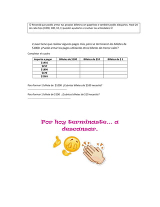 2-Juan tiene que realizar algunos pagos más, pero se terminaron los billetes de
$1000. ¿Puede armar los pagos utilizando o...