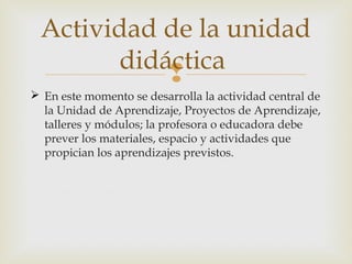 Actividad de la unidad
didáctica

 En este momento se desarrolla la actividad central de
la Unidad de Aprendizaje, Proyectos de Aprendizaje,
talleres y módulos; la profesora o educadora debe
prever los materiales, espacio y actividades que
propician los aprendizajes previstos.

 