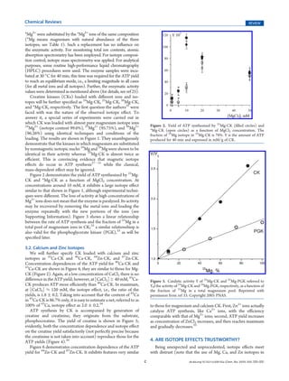 Chemical Reviews                                                                                                                                    REVIEW

*Mg2+ were substituted by the *Mg2+ ions of the same composition
(*Mg means magnesium with natural abundance of the three
isotopes; see Table 1). Such a replacement has no inﬂuence on
the enzymatic activity. For monitoring total ion contents, atomic
absorption spectrometry has been employed. For isotope composi-
tion control, isotope mass spectrometry was applied. For analytical
purposes, some routine high-performance liquid chromatography
(HPLC) procedures were used. The enzyme samples were incu-
bated at 30 °C for 40 min; this time was required for the ATP yield
to reach an equilibrium mode, i.e., a limiting magnitude in all cases
(for all metal ions and all isotopes). Further, the enzymatic activity
values were determined as mentioned above (for details, see ref 25).
   Creatine kinases (CKs) loaded with diﬀerent ions and iso-
topes will be further speciﬁed as 24Mg-CK, 25Mg-CK, 26Mg-CK,
and *Mg-CK, respectively. The ﬁrst question the authors25 were
faced with was the nature of the observed isotope eﬀect. To
answer it, a special series of experiments were carried out in
which CK was loaded with almost pure magnesium isotope ions
24                                                                           Figure 2. Yield of ATP synthesized by 25Mg-CK (ﬁlled circles) and
   Mg2+ (isotope content 99.6%), 25Mg2+ (95.75%), and 26Mg2+                 *Mg-CK (open circles) as a function of MgCl2 concentration. The
(96.26%) using identical techniques and conditions of the                    fraction of 25Mg isotope in 25Mg-CK is 78%. Y is the amount of ATP
loading. The results are shown in Figure 1. They unambiguously               produced for 40 min and expressed in mM/g of CK.
demonstrate that the kinases in which magnesium are substituted
by nonmagnetic isotopic nuclei 24Mg and 26Mg were shown to be
identical in their activity whereas 25Mg-CK is almost twice as
eﬃcient. This is convincing evidence that magnetic isotope
eﬀects do occur in ATP synthesis27À31 while the classical,
mass-dependent eﬀect may be ignored.
   Figure 2 demonstrates the yield of ATP synthesized by 25Mg-
CK and *Mg-CK as a function of MgCl2 concentration. At
concentrations around 10 mM, it exhibits a large isotope eﬀect
similar to that shown in Figure 1, although experimental techni-
ques were diﬀerent. The loss of activity at high concentrations of
Mg2+ ions does not mean that the enzyme is paralyzed. Its activity
may be recovered by removing the metal ions and loading the
enzyme repeatedly with the new portions of the ions (see
Supporting Information). Figure 3 shows a linear relationship
between the rate of ATP synthesis and the fraction of 25Mg in a
total pool of magnesium ions in CK;32 a similar relationshiop is
also valid for the phosphoglycerate kinase (PGK),33 as will be
speciﬁed later.

3.2. Calcium and Zinc Isotopes
   We will further specify CK loaded with calcium and zinc
isotopes as 43Ca-CK and 40Ca-CK, 64Zn-CK, and 67Zn-CK.
Concentration dependences of the ATP yield for 40Ca-CK and
43
   Ca-CK are shown in Figure 4; they are similar to those for Mg-
CK (Figure 2). Again, at a low concentration of CaCl2 there is no
diﬀerence in the ATP yield; however, at [CaCl2] g 40 mM, 43Ca-               Figure 3. Catalytic activity Y of 25Mg-CK and 25Mg-PGK referred to
CK produces ATP more eﬃciently than 40Ca-CK. In maximum,                     Y0l the activity of 24Mg-CK and 24Mg-PGK, respectively, as a function of
at [CaCl2] ≈ 120 mM, the isotope eﬀect, i.e., the ratio of the               the fraction of 25Mg in a total magnesium pool. Reprinted with
yields, is 1.8 ( 0.2. Taking into account that the content of 43Ca           permission from ref 33. Copyright 2005 PNAS.
in 43Ca-CK is 86.7% only, it is easy to estimate a net, referred to as
100% of 43Ca, isotope eﬀect as 2.0 ( 0.2.34                                  to those for magnesium and calcium CK. First, Zn2+ ions actually
   ATP synthesis by CK is accompanied by generation of                       catalyze ATP synthesis, like Ca2+ ions, with the eﬃciency
creatine and creatinine; they originate from the substrate,                  comparable with that of Mg2+ ions; second, ATP yield increases
phosphocreatine. The yield of creatine is shown in Figure 5;                 as concentration of ZnCl2 increases, and then reaches maximum
evidently, both the concentration dependence and isotope eﬀect               and gradually decreases.35
on the creatine yield satisfactorily (not perfectly precise because
the creatinine is not taken into account) reproduce those for the
ATP yields (Figure 4).34                                                     4. ARE ISOTOPE EFFECTS TRUSTWORTHY?
   Figure 6 demonstrates concentration dependence of the ATP                    Being unexpected and unprecedented, isotope eﬀects meet
yield for 64Zn-CK and 67Zn-CK. It exhibits features very similar             with distrust (note that the use of Mg, Ca, and Zn isotopes in
                                                                         C                           dx.doi.org/10.1021/cr200142a |Chem. Rev. XXXX, XXX, 000–000
 