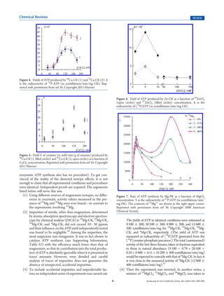 Chemical Reviews                                                                                                                                        REVIEW




Figure 4. Yields of ATP produced by 40Ca-CK (1) and 43Ca-CK (2). A
is the radioactivity of 32P-ATP (in scintillations/min/mg CK). Rep-
rinted with permission from ref 34. Copyright 2011 Elsevier.


                                                                                 Figure 6. Yield of ATP produced by Zn-CK as a function of 64ZnCl2
                                                                                 (open circles) and 67ZnCl2 (ﬁlled circles) concentration. A is the
                                                                                 radioactivity of [32P]ATP (in scintillations/min/mg CK).




Figure 5. Yield Y of creatine (in mM/min/g of enzyme) produced by
40
   Ca-CK (1, ﬁlled circles) and 43Ca-CK (2, open circles) as a function of
CaCl2 concentration. Reprinted with permission from ref 34. Copyright
2011 Elsevier.

enzymatic ATP synthesis also has no precedent). To get con-
vinced of the reality of the detected isotope eﬀects, it is not
enough to claim that all experimental conditions and procedures
were identical. Independent proofs are required. The arguments
listed below will serve this aim.
   (1) Using diﬀerent sources of magnesium isotopes, no diﬀer-                   Figure 7. Rate of ATP synthesis by Mg-PK as a function of MgCl2
        ences in enzymatic activity values measured in the pre-                  concentration. Y is the radioactivity of 32P-ATP (in scintillations/min/
        sence of 24Mg and 26Mg were ever found—in contrast to                    mg PK). The contents of 25Mg2+ are shown in the right upper corner.
        the experiments involving 25Mg.                                          Reprinted with permission from ref 36. Copyright 2008 American
   (2) Impurities of metals, other than magnesium, determined                    Chemical Society.
        by atomic absorption spectroscopy and electron spectros-
        copy for chemical analysis (ESCA) in 24Mg-CK, 25Mg-CK,                         The yields of ATP in identical conditions were estimated as
        26
           Mg-CK, and *Mg-CK, did not exceed 10À30 ppmm                                9 100 ( 200, 20 100 ( 200, 8 900 ( 200, and 12 600 (
        and their inﬂuence on the ATP yield independently tested                       200 scintillations/min/mg for 24Mg-CK, 25Mg-CK, 26Mg-
        was found to be negligible.36 Among the impurities, the                        CK, and *Mg-CK, respectively. (The yield of ATP was
        most suspicious was manganese. It was in fact shown to                         measured as radioactivity of [32P]ATP generated from the
        catalyze ATP synthesis (see Supporting Information,                            [32P]creatine phosphate precursor.) The total (summarized)
        Table S1) with the eﬃciency much lower than that of                            activity of the ﬁrst three kinases, taken in fractions equivalent
        magnesium, so that its contribution into the total produc-                     to those in natural abundance (9 100 Â 0.79 + 20 100 Â
        tion of ATP is absolutely ignorable when it is presented in                    0.10 + 8 900 Â 0.11 = 10 200 ( 400 scintillations/min/mg)
        tracer amounts. However, even detailed and careful                             would be expected to coincide with that of *Mg-CK. In fact, it
        analysis of traces of impurities does not guarantee the                        is very close to the measured activity of *Mg-CK (12 600 (
        absence of unexpected, accidental impurities.                                  400 scintillations/min/mg).25
   (3) To exclude accidental impurities and unpredictable fac-                     (4) Then the experiment was inverted. In another series, a
        tors, an independent series of experiments was carried out.                    mixture of 24MgCl2, 25MgCl2, and 26MgCl2 was taken in
                                                                             D                           dx.doi.org/10.1021/cr200142a |Chem. Rev. XXXX, XXX, 000–000
 