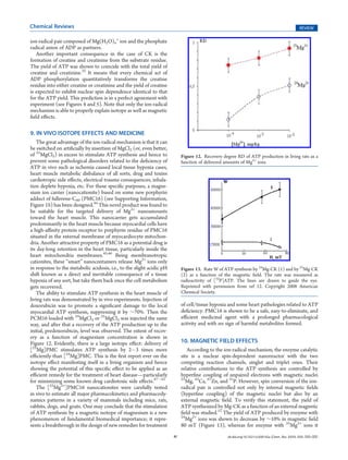 Chemical Reviews                                                                                                                                REVIEW

ion-radical pair composed of Mg(H2O)n+ ion and the phosphate
radical anion of ADP as partners.
   Another important consequence in the case of CK is the
formation of creatine and creatinine from the substrate residue.
The yield of ATP was shown to coincide with the total yield of
creatine and creatinine.32 It means that every chemical act of
ADP phosphorylation quantitatively transforms the creatine
residue into either creatine or creatinine and the yield of creatine
is expected to exhibit nuclear spin dependence identical to that
for the ATP yield. This prediction is in a perfect agreement with
experiment (see Figures 4 and 5). Note that only the ion-radical
mechanism is able to properly explain isotope as well as magnetic
ﬁeld eﬀects.

9. IN VIVO ISOTOPE EFFECTS AND MEDICINE
    The great advantage of the ion-radical mechanism is that it can
be switched on artiﬁcially by insertion of MgCl2 (or, even better,
of 25MgCl2) in excess to stimulate ATP synthesis and hence to              Figure 12. Recovery degree RD of ATP production in living rats as a
prevent some pathological disorders related to the deﬁciency of            function of delivered amounts of Mg2+ ions.
ATP in vivo such as ischemia caused local tissue hypoxia cases,
heart muscle metabolic disbalance of all sorts, drug and toxins
cardiotropic side eﬀects, electrical trauma consequences, inhala-
tion deplete hypoxia, etc. For these speciﬁc purposes, a magne-
sium ion carrier (nanocationite) based on some new porphyrin
adduct of fullerene-C60 (PMC16) (see Supporting Information,
Figure 1S) has been designed.44 This novel product was found to
be suitable for the targeted delivery of Mg2+ nanoamounts
toward the heart muscle. This nanocarrier gets accumulated
predominantly in the heart muscle because myocardial cells have
a high-aﬃnity protein receptor to porphyrin residue of PMC16
situated in the external membrane of myocardiocyte mitochon-
dria. Another attractive property of PMC16 as a potential drug is
its day-long retention in the heart tissue, particularly inside the
heart mitochondria membranes.45,46 Being membranotropic
cationites, these “smart” nanocontainers release Mg2+ ions only
in response to the metabolic acidosis, i.e., to the slight acidic pH       Figure 13. Rate W of ATP synthesis by 24Mg-CK (1) and by 25Mg-CK
shift known as a direct and inevitable consequence of a tissue             (2) as a function of the magnetic ﬁeld. The rate was measured as
hypoxia of any sort, but take them back once the cell metabolism           radioactivity of [32P]ATP. The lines are drawn to guide the eye.
gets recovered.                                                            Reprinted with permission from ref 12. Copyright 2008 American
    The ability to stimulate ATP synthesis in the heart muscle of          Chemical Society.
living rats was demonstrated by in vivo experiments. Injection of
doxorubicin was to promote a signiﬁcant damage to the local                of cell/tissue hypoxia and some heart pathologies related to ATP
myocardial ATP synthesis, suppressing it by ∼70%. Then the                 deﬁciency. PMC16 is shown to be a safe, easy-to-eliminate, and
PCM16 loaded with 24MgCl2 or 25MgCl2 was injected the same                 eﬃcient medicinal agent with a prolonged pharmacological
way, and after that a recovery of the ATP production up to the             activity and with no sign of harmful metabolites formed.
initial, predoxorubicin, level was observed. The extent of recov-
ery as a function of magnesium concentration is shown in
Figure 12. Evidently, there is a large isotope eﬀect: delivery of          10. MAGNETIC FIELD EFFECTS
[25Mg]PMC stimulates ATP synthesis by 2À3 times more                          According to the ion-radical mechanism, the enzyme catalytic
eﬃciently than [24Mg]PMC. This is the ﬁrst report ever on the              site is a nuclear spin-dependent nanoreactor with the two
isotope eﬀect manifesting itself in a living organism and hence            competing reaction channels, singlet and triplet ones. Their
showing the potential of this speciﬁc eﬀect to be applied as an            relative contributions to the ATP synthesis are controlled by
eﬃcient remedy for the treatment of heart disease—particularly             hyperﬁne coupling of unpaired electrons with magnetic nuclei
for minimizing some known drug cardiotoxic side eﬀects.47À52               25
                                                                              Mg, 43Ca, 67Zn, and 31P. However, spin conversion of the ion-
    The [25Mg2+]PMC16 nanocationites were carefully tested                 radical pair is controlled not only by internal magnetic ﬁelds
in vivo to estimate all major pharmacokinetics and pharmacody-             (hyperﬁne coupling) of the magnetic nuclei but also by an
namics patterns in a variety of mammals including mice, rats,              external magnetic ﬁeld. To verify this statement, the yield of
rabbits, dogs, and goats. One may conclude that the stimulation            ATP synthesized by Mg-CK as a function of an external magnetic
of ATP synthesis by a magnetic isotope of magnesium is a new               ﬁeld was studied.12 The yield of ATP produced by enzyme with
phenomenon of fundamental biomedical importance; it repre-                 24
                                                                              Mg2+ ions was shown to decrease by ∼10% in magnetic ﬁeld
sents a breakthrough in the design of new remedies for treatment           80 mT (Figure 13), whereas for enzyme with 25Mg2+ ions it
                                                                       H                         dx.doi.org/10.1021/cr200142a |Chem. Rev. XXXX, XXX, 000–000
 