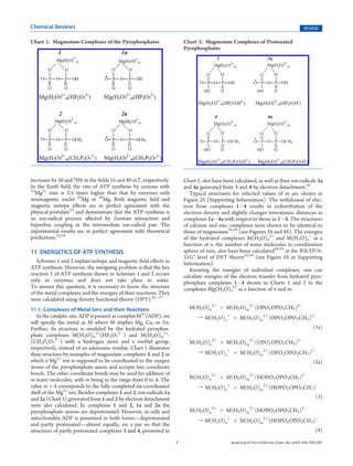 Chemical Reviews                                                                                                                               REVIEW

Chart 1. Magnesium Complexes of the Pyrophosphates                       Chart 2. Magnesium Complexes of Protonated
                                                                         Pyrophosphates




increases by 50 and 70% in the ﬁelds 55 and 80 mT, respectively.         Chart 2, also have been calculated, as well as their ion-radicals 3a
In the Earth ﬁeld, the rate of ATP synthesis by enzyme with              and 4a generated from 3 and 4 by electron detachment.58
25
   Mg2+ ions is 2.5 times higher than that by enzymes with                  Typical structures for selected values of m are shown in
nonmagnetic nuclei 24Mg or 26Mg. Both magnetic ﬁeld and                  Figure 2S (Supporting Information). The withdrawal of elec-
magnetic isotope eﬀects are in perfect agreement with the                tron from complexes 1À4 results in redistribution of the
physical postulate12 and demonstrate that the ATP synthesis is           electron density and slightly changes interatomic distances in
an ion-radical process aﬀected by Zeeman interaction and                 complexes 1aÀ4a with respect to those in 1À4. The structures
hyperﬁne coupling in the intermediate ion-radical pair. The              of calcium and zinc complexes were shown to be identical to
experimental results are in perfect agreement with theoretical           those of magnesium34,59 (see Figures 3S and 4S). The energies
predictions.53,54                                                        of the hydrated complexes M(H2O)n2+ and M(H2O)n+ as a
                                                                         function of n, the number of water molecules in coordination
11. ENERGETICS OF ATP SYNTHESIS                                          sphere of ions, also have been calculated58,59 at the B3LYP/6-
                                                                         31G* level of DFT theory55,56 (see Figure 5S in Supporting
   Schemes 1 and 2 explain isotope and magnetic ﬁeld eﬀects in           Information).
ATP synthesis. However, the intriguing problem is that the key              Knowing the energies of individual complexes, one can
reaction 1 of ATP synthesis shown in Schemes 1 and 2 occurs              calculate energies of the electron transfer from hydrated pyro-
only in enzymes and does not take place in water.                        phosphate complexes 1À4 shown in Charts 1 and 2 to the
To answer this question, it is necessary to know the structure           complexes Mg(H2O)n2+ as a function of n and m:
of the metal complexes and the energies of their reactions. They
were calculated using density functional theory (DFT).55À57
11.1. Complexes of Metal Ions and their Reactions                          MðH2 OÞn 2þ þ MðH2 OÞm 2þ ðOPO2 OPO3 CH3 Þ3À
   In the catalytic site, ADP is present as complex M2+(ADP); we               f MðH2 OÞn þ þ MðH2 OÞm 2þ ðOPO2 OPO3 CH3 Þ2À
will specify the metal as M where M implies Mg, Ca, or Zn.
Further, its structure is modeled by the hydrated pyrophos-                                                                                          ð1aÞ
phate complexes M(H2O)m2+(HP2O73À) and M(H2O)m2+-
(CH3P2O73À) with a hydrogen atom and a methyl group,                       MðH2 OÞn 2þ þ MðH2 OÞm 2þ ðOPO2 OPO3 CH3 Þ3À
respectively, instead of an adenosine residue. Chart 1 illustrates
their structure by examples of magnesium complexes 1 and 2 in                  f MðH2 OÞn þ þ MðH2 OÞm 2þ ðOPO2 OPO3 CH3 Þ2À
which a Mg2+ ion is supposed to be coordinated to the oxygen                                                                                         ð2aÞ
atoms of the pyrophosphate anion and accepts two coordinate
bonds. The other coordinate bonds may be used for addition of
m water molecules, with m being in the range from 0 to 4. The              MðH2 OÞn 2þ þ MðH2 OÞm 2þ ðHOPO2 OPO3 CH3 Þ2À
value m = 4 corresponds to the fully completed six-coordinated                 f MðH2 OÞn þ þ MðH2 OÞm 2þ ðHOPO2 OPO3 CH3 ÞÀ
shell of the Mg2+ ion. Besides complexes 1 and 2, ion-radicals 1a
and 2a (Chart 1) generated from 1 and 2 by electron detachment                                                                                        ð3Þ
were also calculated. In complexes 1 and 2, 1a and 2a the
pyrophosphate anions are deprotonated. However, in cells and               MðH2 OÞn 2þ þ MðH2 OÞm 2þ ðHOPO2 OPO3 CH3 Þ2À
mitochondria ADP is presented in both forms—deprotonated                       f MðH2 OÞn þ þ MðH2 OÞm 2þ ðHOPO2 OPO3 CH3 ÞÀ
and partly protonated—almost equally, on a par so that the
structures of partly protonated complexes 3 and 4, presented in                                                                                       ð4Þ

                                                                     I                          dx.doi.org/10.1021/cr200142a |Chem. Rev. XXXX, XXX, 000–000
 