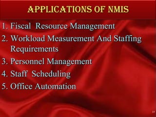 APPLICATIONS OF NMISFiscal  Resource ManagementWorkload Measurement And Staffing RequirementsPersonnel ManagementStaff  Scheduling Office Automation 14