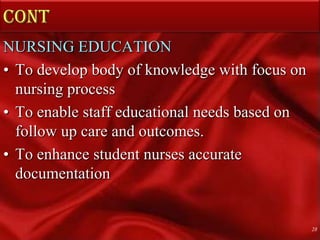 Cont NURSING PRACTICEEnhance documentation by nursesProvide data to enable research directed at examining the inter relationships between data elements and nursing outcomes.Facilitate development of the nursing process26