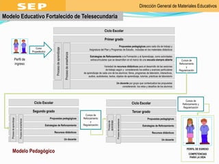 Dirección General de Materiales EducativosModelo Educativo Fortalecido de Telesecundaria  Ciclo Escolar Primer grado Curso Propedéutico Proceso de aprendizajeProceso de enseñanzaPropuestas pedagógicas para cada día de trabajo y Asignatura del Plan y Programas de Estudio,  incluidas en los materiales didácticos  Estrategias de Reforzamiento a la Formación y al Aprendizaje, como actividades extracurriculares que se desarrollan en el marco de una escuela siempre abierta  Perfil de ingreso Cursos de Reforzamiento y RegularizaciónVariedad de recursos didácticos para el desarrollo de las sesiones de trabajo según y  considerando los estilos y avances particulares de aprendizaje de cada uno de los alumnos: libros, programas de televisión, interactivos, audios, audiotextos, textos, objetos de aprendizaje, tutorías, prácticas de laboratorio   Un docente por grupo que contextualiza las propuestas considerando  los retos y desafíos de los alumnosCursos de Reforzamiento y RegularizaciónCiclo Escolar Ciclo Escolar Segundo grado Tercer grado Cursos de Reforzamiento y RegularizaciónProceso de aprendizajeProceso de enseñanzaProceso de aprendizajeProceso de enseñanzaPropuestas pedagógicas Propuestas pedagógicas Estrategias de ReforzamientoEstrategias de ReforzamientoRecursos didácticos Recursos didácticosUn docenteUn docentePERFIL DE EGRESO Modelo Pedagógico COMPETENCIAS PARA LA VIDA  