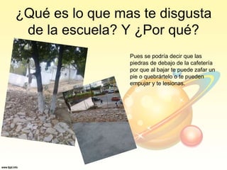 ¿Qué es lo que mas te disgusta
de la escuela? Y ¿Por qué?
Pues se podría decir que las
piedras de debajo de la cafetería
por que al bajar te puede zafar un
pie o quebrártelo o te pueden
empujar y te lesionas.
 
