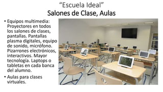 “Escuela Ideal”
Salones de Clase, Aulas
• Equipos multimedia:
Proyectores en todos
los salones de clases,
pantallas. Pantallas
plasma digitales, equipo
de sonido, micrófono.
Pizarrones electrónicos,
interactivos. Mayor
tecnología. Laptops o
tabletas en cada banca
del alumno.
• Aulas para clases
virtuales.
 