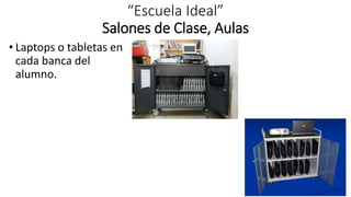 “Escuela Ideal”
Salones de Clase, Aulas
• Laptops o tabletas en
cada banca del
alumno.
 