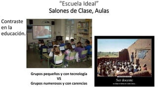 “Escuela Ideal”
Salones de Clase, Aulas
Contraste
en la
educación.
Grupos pequeños y con tecnología
VS
Grupos numerosos y con carencias
 