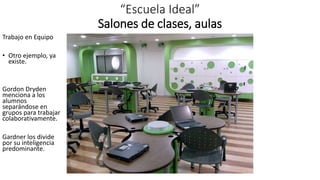 “Escuela Ideal”
Salones de clases, aulas
Trabajo en Equipo
• Otro ejemplo, ya
existe.
Gordon Dryden
menciona a los
alumnos
separándose en
grupos para trabajar
colaborativamente.
Gardner los divide
por su inteligencia
predominante.
 