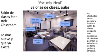 “Escuela Ideal”
Salones de clases, aulas
Salón de
clases Star
trek
Classroom.
Lo mas
nuevo y
que ya
existe.
La
efectividad
de un
peculiar y
futurista
salón de
clases
equipado
con
escritorios
táctiles que
permiten la
enseñanza
de forma
gráfica y
atractiva.
 