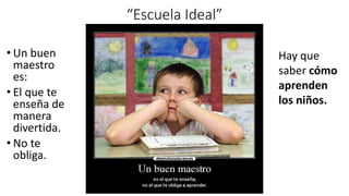 “Escuela Ideal”
• Un buen
maestro
es:
• El que te
enseña de
manera
divertida.
• No te
obliga.
Hay que
saber cómo
aprenden
los niños.
 