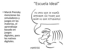 “Escuela Ideal”
• Marck Prensky
mencionas los
simuladores y
juegos en las
materias, el
aprendizaje
basado en
juegos
digitales, para
los nativos
digitales.
 