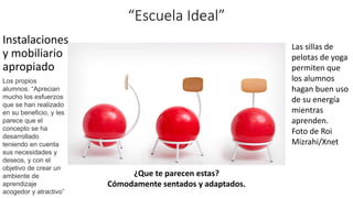 “Escuela Ideal”
Instalaciones
y mobiliario
apropiado
¿Que te parecen estas?
Cómodamente sentados y adaptados.
Las sillas de
pelotas de yoga
permiten que
los alumnos
hagan buen uso
de su energía
mientras
aprenden.
Foto de Roi
Mizrahi/Xnet
Los propios
alumnos. “Aprecian
mucho los esfuerzos
que se han realizado
en su beneficio, y les
parece que el
concepto se ha
desarrollado
teniendo en cuenta
sus necesidades y
deseos, y con el
objetivo de crear un
ambiente de
aprendizaje
acogedor y atractivo”
 