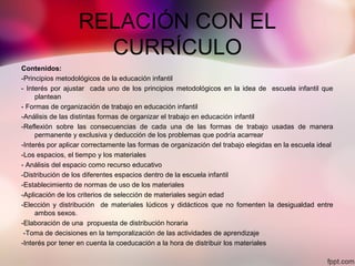 RELACIÓN CON EL
CURRÍCULO
Contenidos:
-Principios metodológicos de la educación infantil
- Interés por ajustar cada uno de los principios metodológicos en la idea de escuela infantil que
plantean
- Formas de organización de trabajo en educación infantil
-Análisis de las distintas formas de organizar el trabajo en educación infantil
-Reflexión sobre las consecuencias de cada una de las formas de trabajo usadas de manera
permanente y exclusiva y deducción de los problemas que podría acarrear
-Interés por aplicar correctamente las formas de organización del trabajo elegidas en la escuela ideal
-Los espacios, el tiempo y los materiales
- Análisis del espacio como recurso educativo
-Distribución de los diferentes espacios dentro de la escuela infantil
-Establecimiento de normas de uso de los materiales
-Aplicación de los criterios de selección de materiales según edad
-Elección y distribución de materiales lúdicos y didácticos que no fomenten la desigualdad entre
ambos sexos.
-Elaboración de una propuesta de distribución horaria
-Toma de decisiones en la temporalización de las actividades de aprendizaje
-Interés por tener en cuenta la coeducación a la hora de distribuir los materiales
 