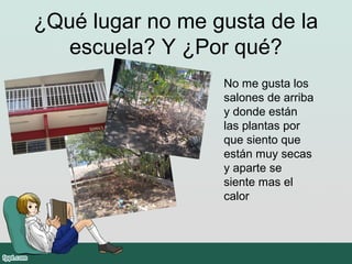 ¿Qué lugar no me gusta de la
escuela? Y ¿Por qué?
No me gusta los
salones de arriba
y donde están
las plantas por
que siento que
están muy secas
y aparte se
siente mas el
calor