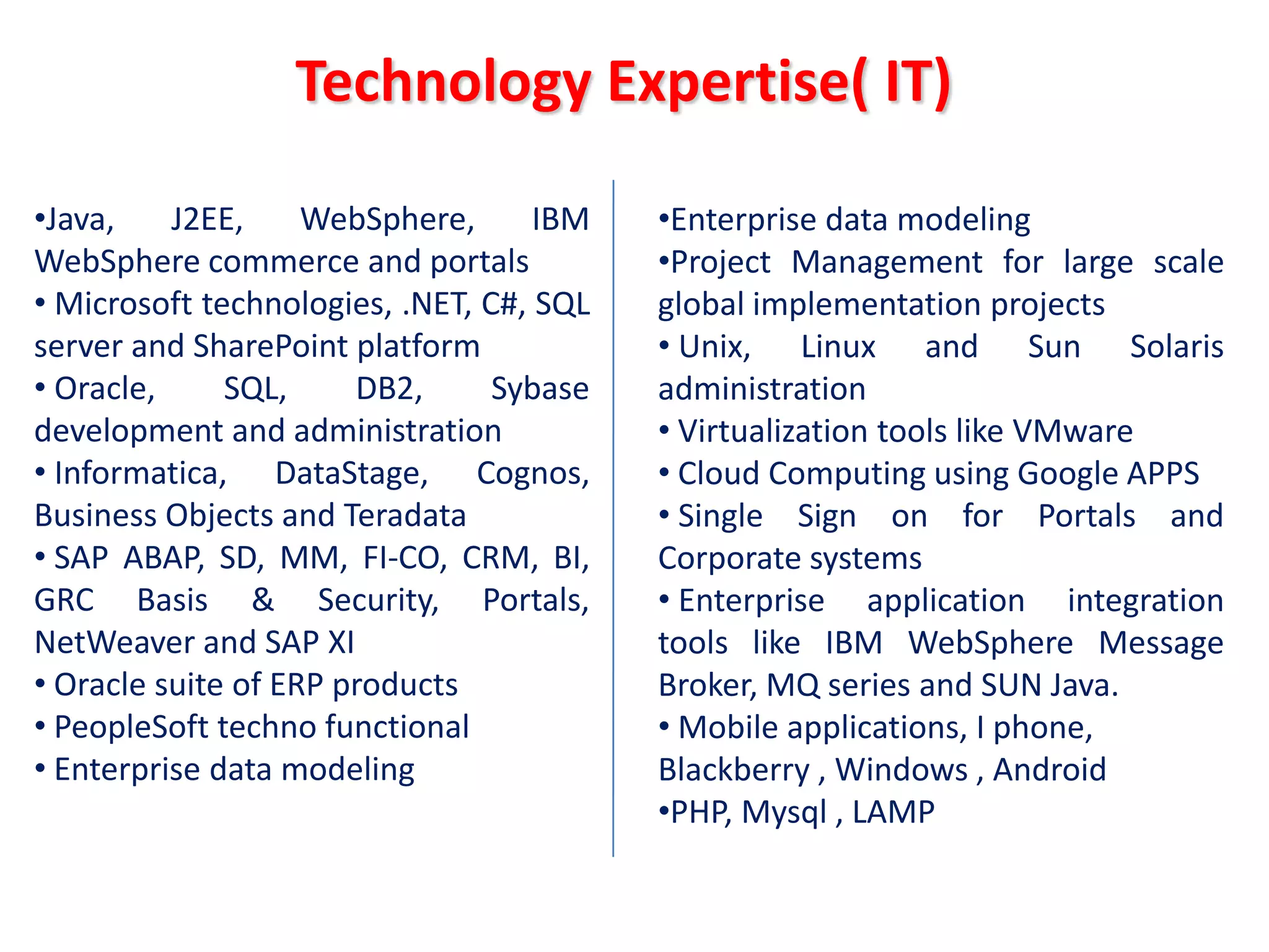 Technology Expertise( IT)

•Java,    J2EE,     WebSphere,      IBM   •Enterprise data modeling
WebSphere commerce and portals            •Project Management for large scale
• Microsoft technologies, .NET, C#, SQL   global implementation projects
server and SharePoint platform            • Unix, Linux and Sun Solaris
• Oracle,     SQL,     DB2,      Sybase   administration
development and administration            • Virtualization tools like VMware
• Informatica, DataStage, Cognos,         • Cloud Computing using Google APPS
Business Objects and Teradata             • Single Sign on for Portals and
• SAP ABAP, SD, MM, FI-CO, CRM, BI,       Corporate systems
GRC Basis & Security, Portals,            • Enterprise application integration
NetWeaver and SAP XI                      tools like IBM WebSphere Message
• Oracle suite of ERP products            Broker, MQ series and SUN Java.
• PeopleSoft techno functional            • Mobile applications, I phone,
• Enterprise data modeling                Blackberry , Windows , Android
                                          •PHP, Mysql , LAMP
 