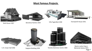 Riehl House 1907 Barcelona Pavilion 1929 Villa Tugendhat 1930 Farnsworth House 1951
S. R. Crown Hall 1956 Seagram Building 1958 Toronto-Dominion Centre 1969
Martin Luther King Jr.
Memorial Library 1972
Most Famous Projects
Page-7
 
