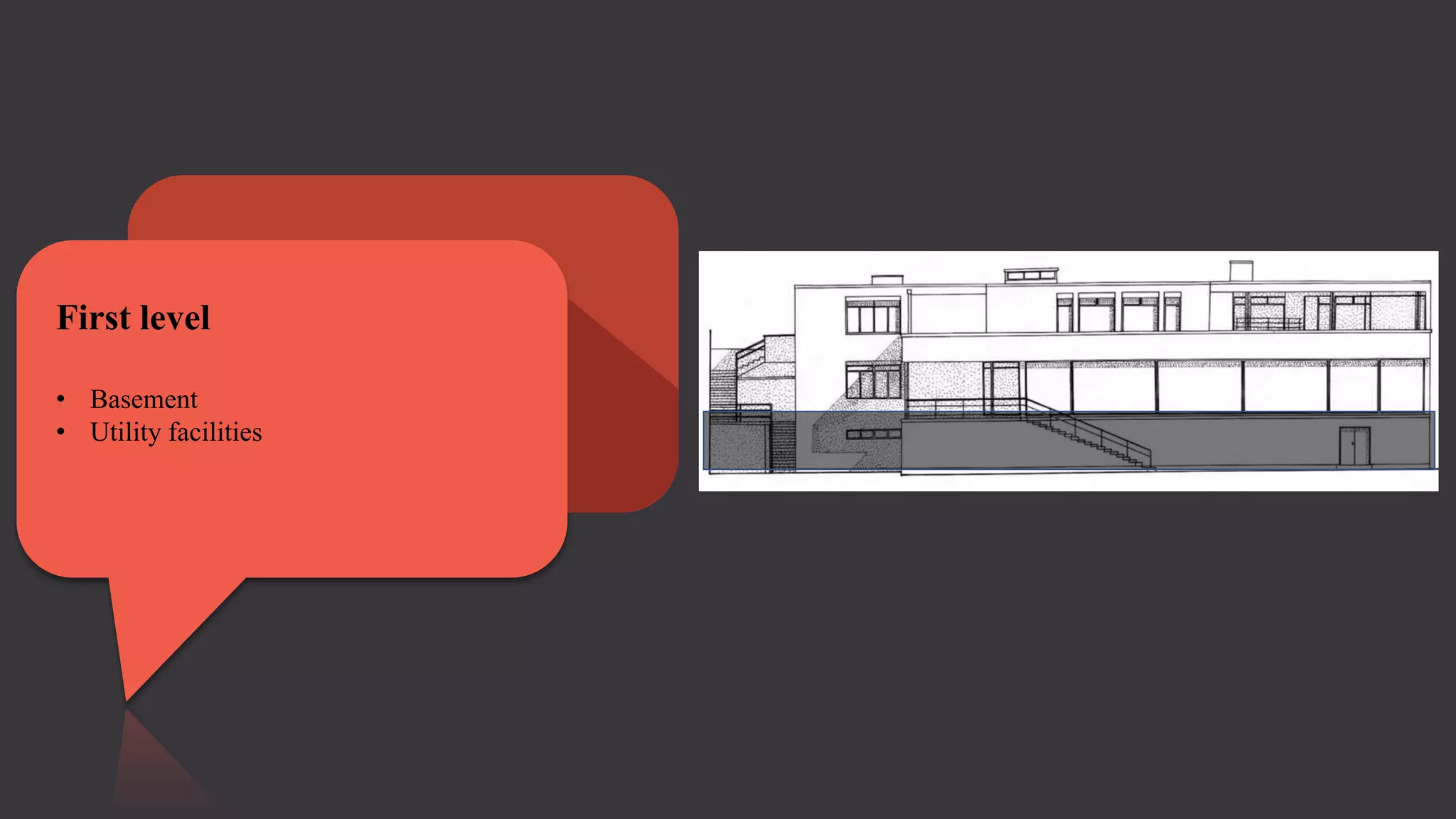 First level
• Basement
• Utility facilities
 