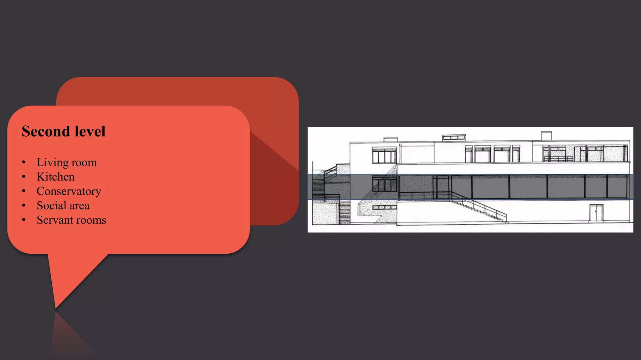 Second level
• Living room
• Kitchen
• Conservatory
• Social area
• Servant rooms
 