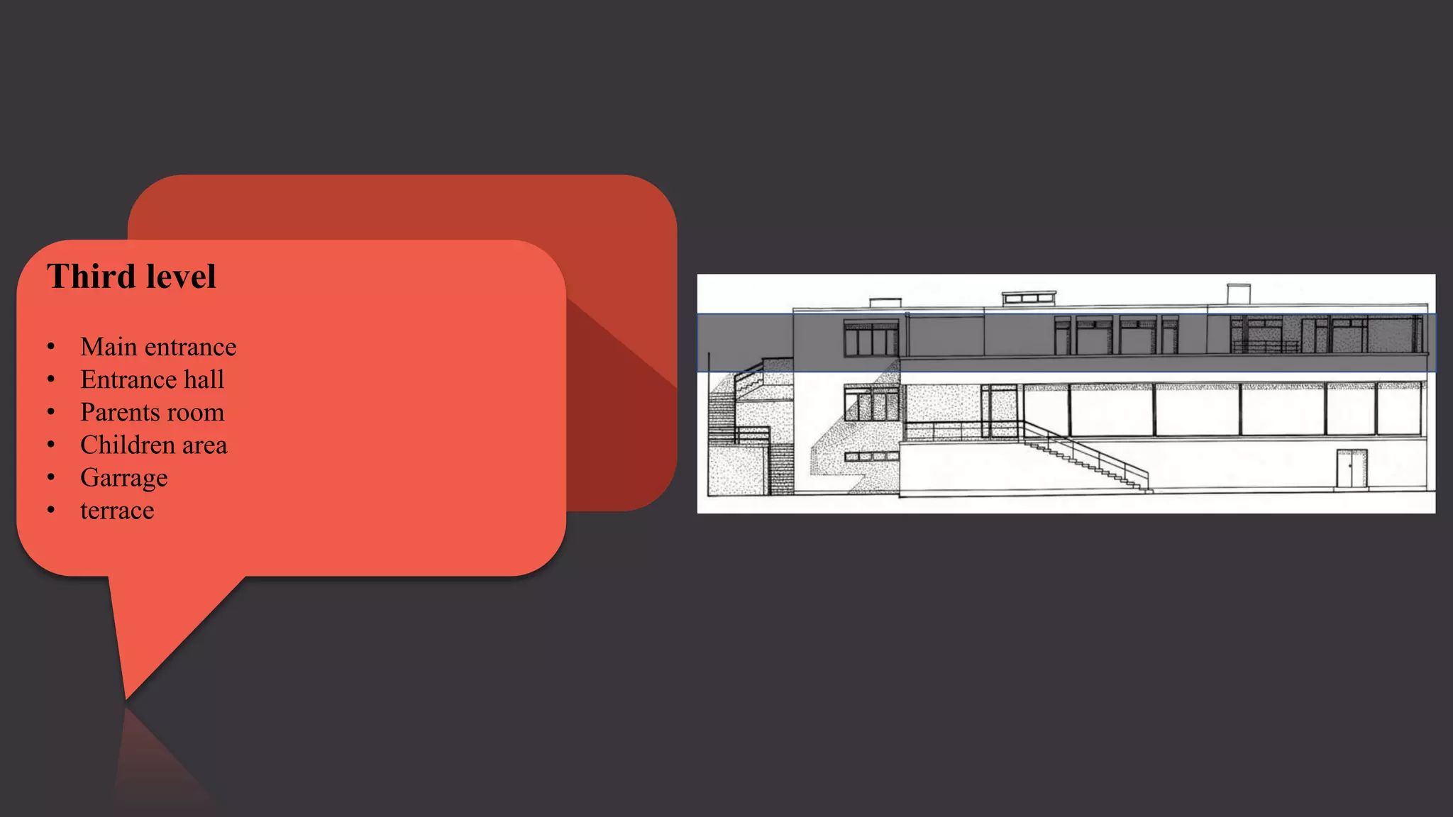 Third level
• Main entrance
• Entrance hall
• Parents room
• Children area
• Garrage
• terrace
 