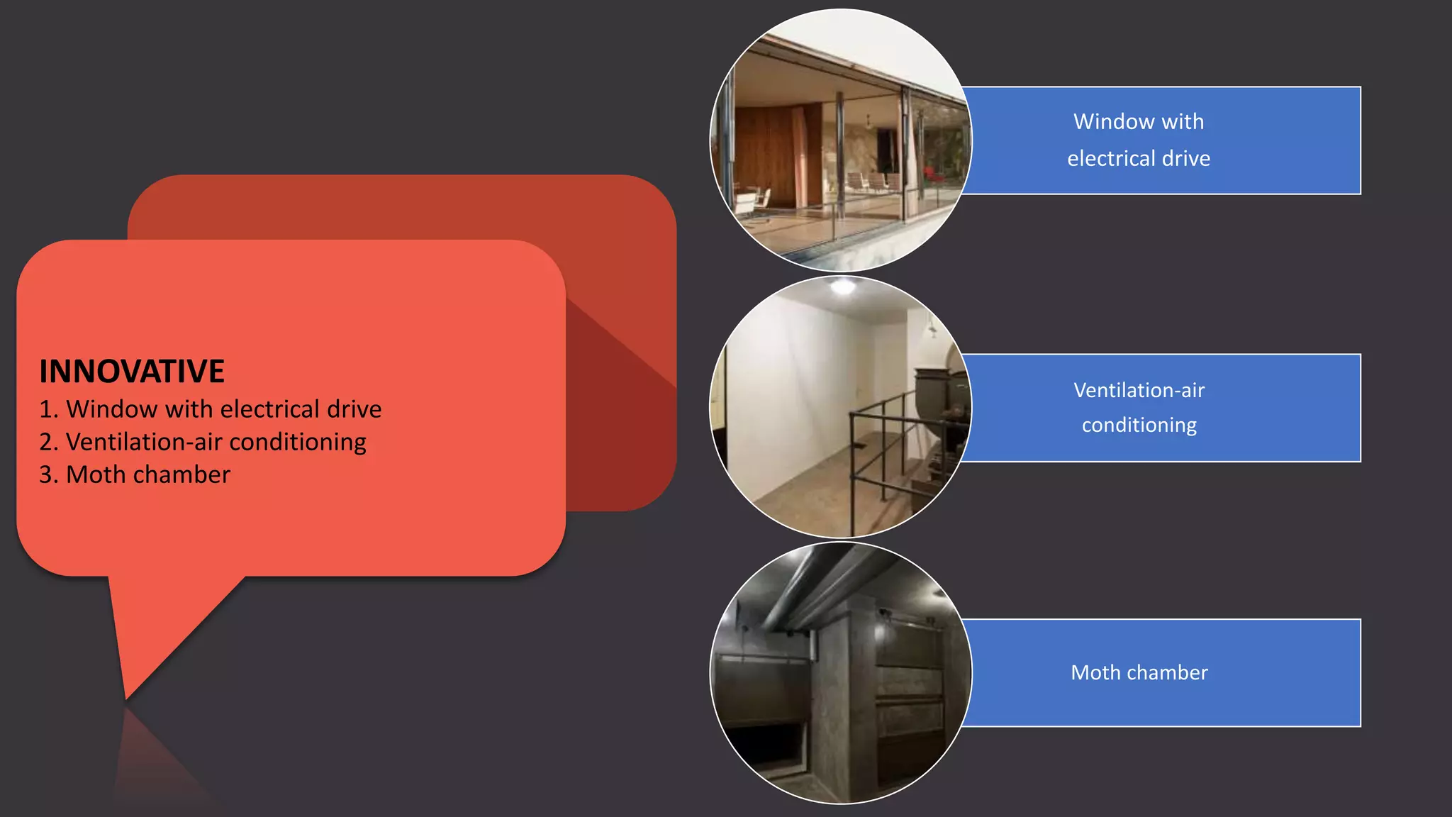INNOVATIVE
1. Window with electrical drive
2. Ventilation-air conditioning
3. Moth chamber
Window with
electrical drive
Ventilation-air
conditioning
Moth chamber
 