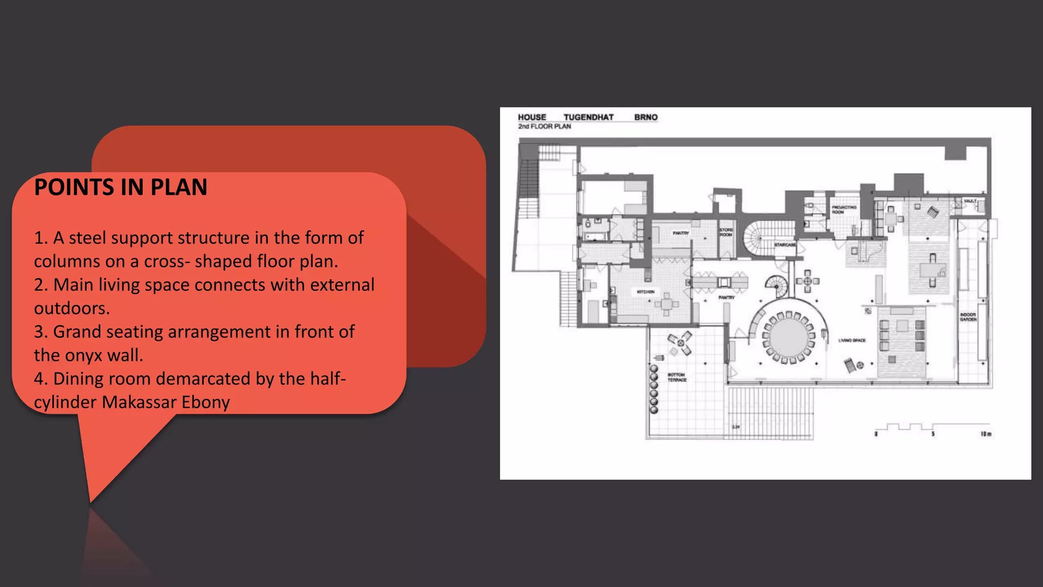 POINTS IN PLAN
1. A steel support structure in the form of
columns on a cross- shaped floor plan.
2. Main living space connects with external
outdoors.
3. Grand seating arrangement in front of
the onyx wall.
4. Dining room demarcated by the half-
cylinder Makassar Ebony
 