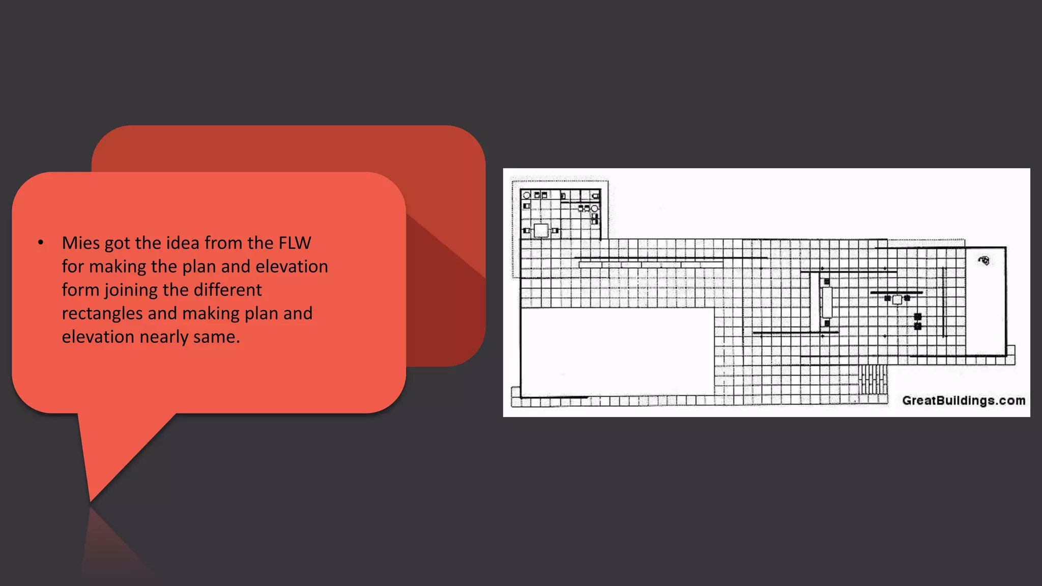 • Mies got the idea from the FLW
for making the plan and elevation
form joining the different
rectangles and making plan and
elevation nearly same.
 