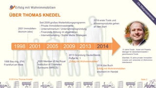 ÜBER THOMAS KNEDEL 
15 Jahre Fonds-, Asset und Property 
Manager für Gewerbeimmobilien-/ 
geschlossene Fonds 
Ebenfalls 15 Jahre privater Immobilien-investor 
und -entwickler im Wohnimmo-bilienbereich 
2001 Immobilien-ökonom 
(ebs) 
Seit 2009 großes Weiterbildungsprogramm: 
- Private Immobilieninvestments 
- Unternehmertum / Unternehmensgründung 
- Finanzielle Bildung im allgemeinen 
- Internetmarketing / Social Media Strategien 
1998 2001 2005 
1998 Bau-Ing. (FH) 
Frankfurt am Main 
2014 erste Tools und 
Wissensprodukte gehen 
an den Start 
2009 2013 2014 
2005 Member of the Royal 
Institution of Chartered 
Surveyors (MRICS) 
2013 Gründung Deutschlands 
Portal Nr. 1 
„Erfolg mit Wohnimmobilien“ 
2014 das Buch 
Erfolg mit Wohnimmobilien 
erscheint im Handel 
© 2014 by Thomas Knedel Seite 2 
 