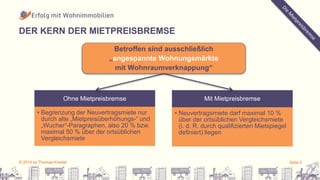 DER KERN DER MIETPREISBREMSE 
Betroffen sind ausschließlich 
„angespannte Wohnungsmärkte 
mit Wohnraumverknappung“ 
Ohne Mietpreisbremse 
• Begrenzung der Neuvertragsmiete nur 
durch alte „Mietpreisüberhöhungs-“ und 
„Wucher“-Paragraphen, also 20 % bzw. 
maximal 50 % über der ortsüblichen 
Vergleichsmiete 
Mit Mietpreisbremse 
• Neuvertragsmiete darf maximal 10 % 
über der ortsüblichen Vergleichsmiete 
(i. d. R. durch qualifizierten Mietspiegel 
definiert) liegen 
© 2014 by Thomas Knedel Seite 5 
 